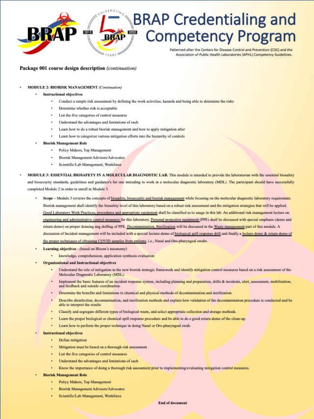 BRAP Credentialing and Competency Program’s basic biosafety modules for ...